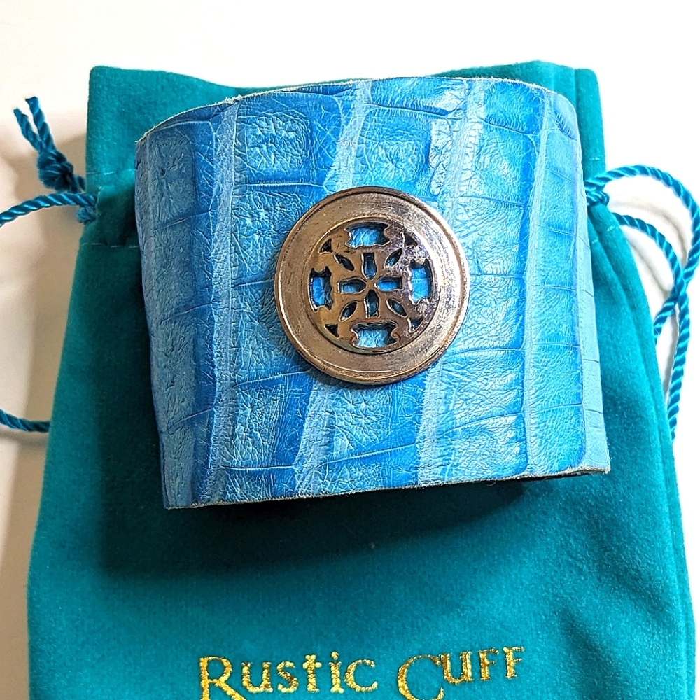 Teal Blue Crocodile On Gold Signed Rustic Cuff